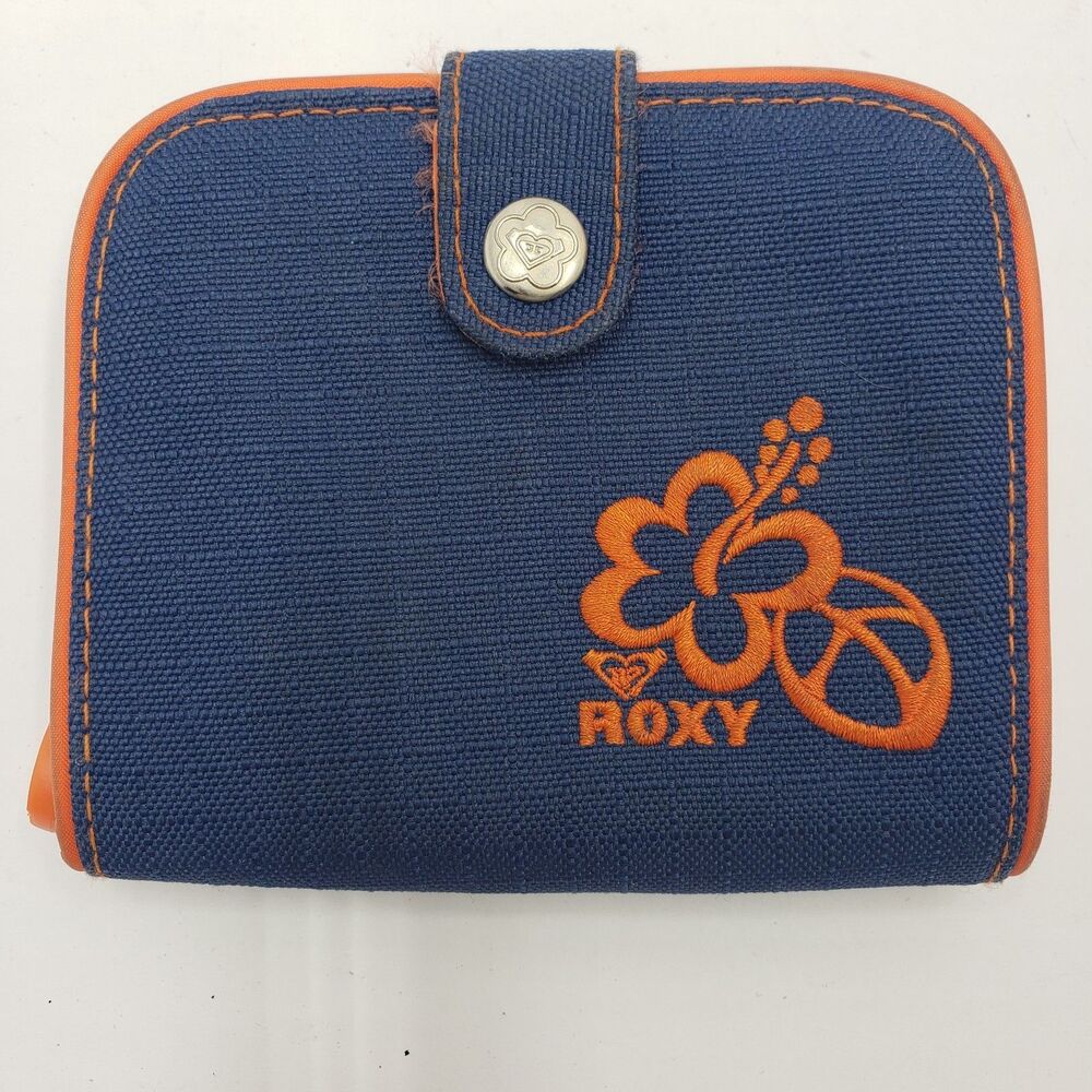 Vintage Roxy Wallet Navy Blue Orange Canvas Hibiscus Surf Y2K Bifold Zipper
